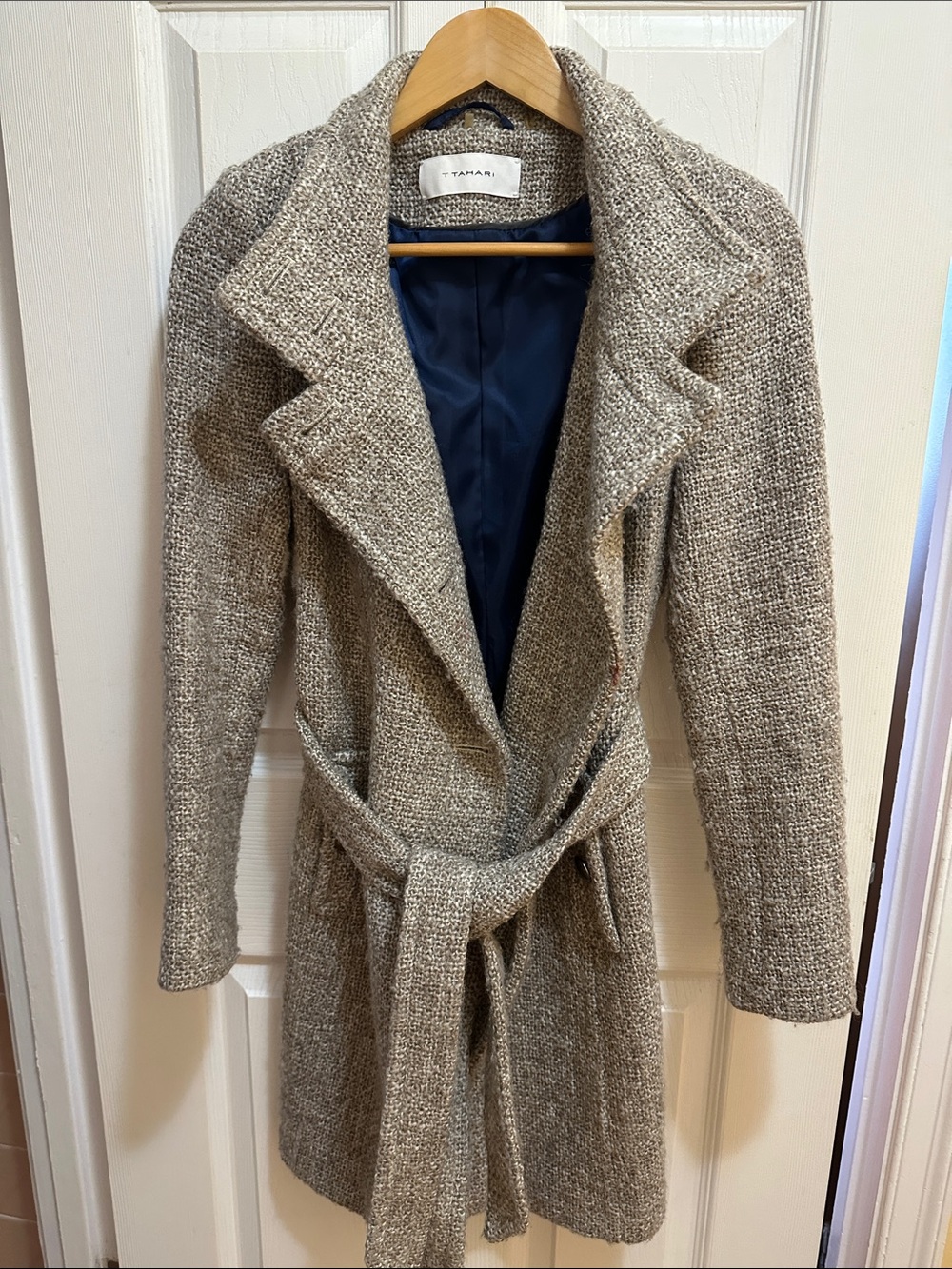 Tahari Taupe Bouclé Belted Trench Coat